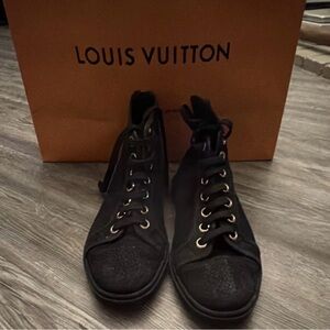 Louis Vuitton Black High-Top Lace-Up Sneakers with Gold Eyelets